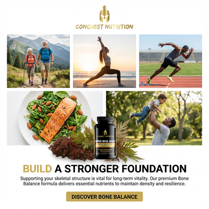 Advertisement for Conquest Nutrition's Bone Balance supplement with lifestyle images and text.