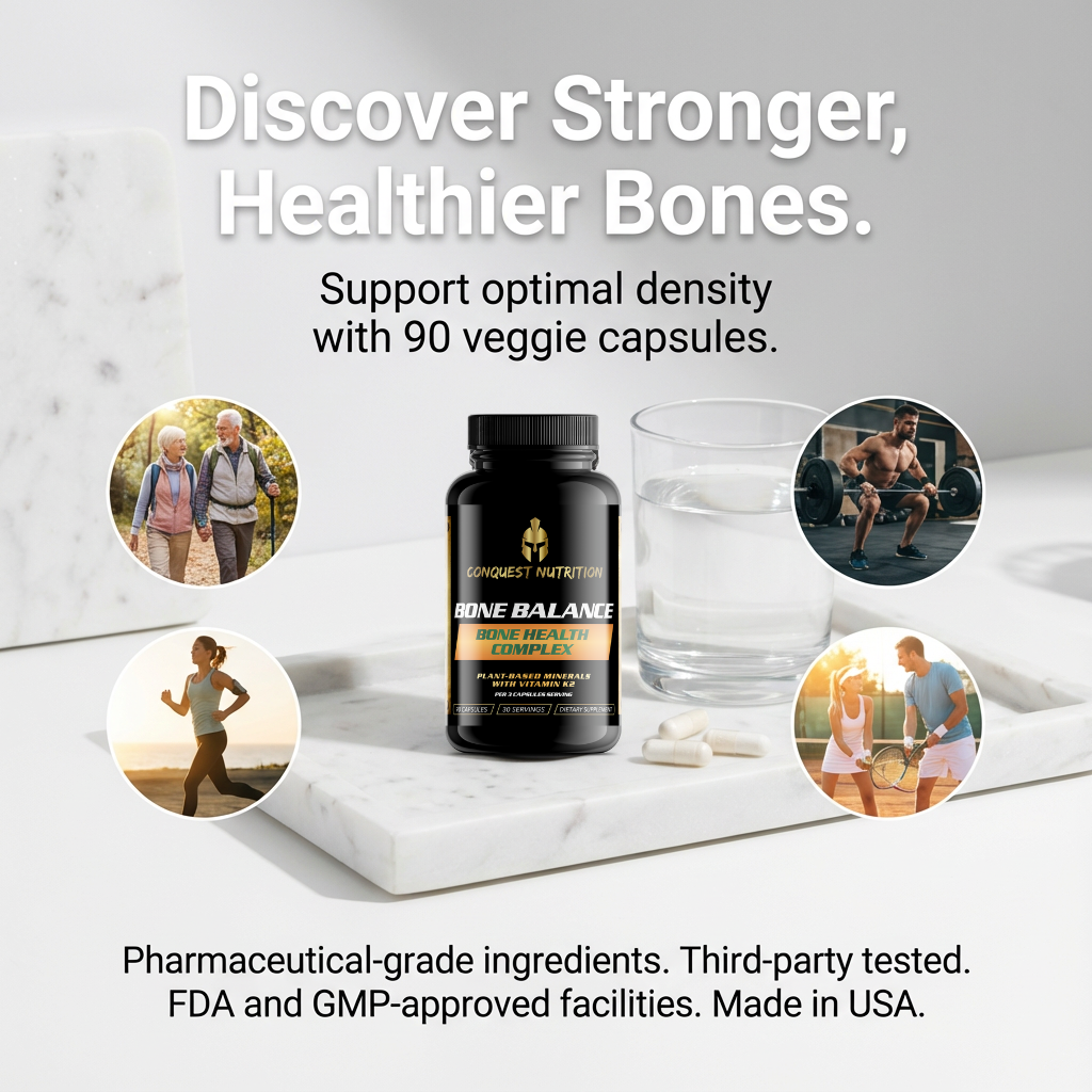 Bottle of Bone Balance supplement with a glass of water on a marble surface, surrounded by lifestyle images.