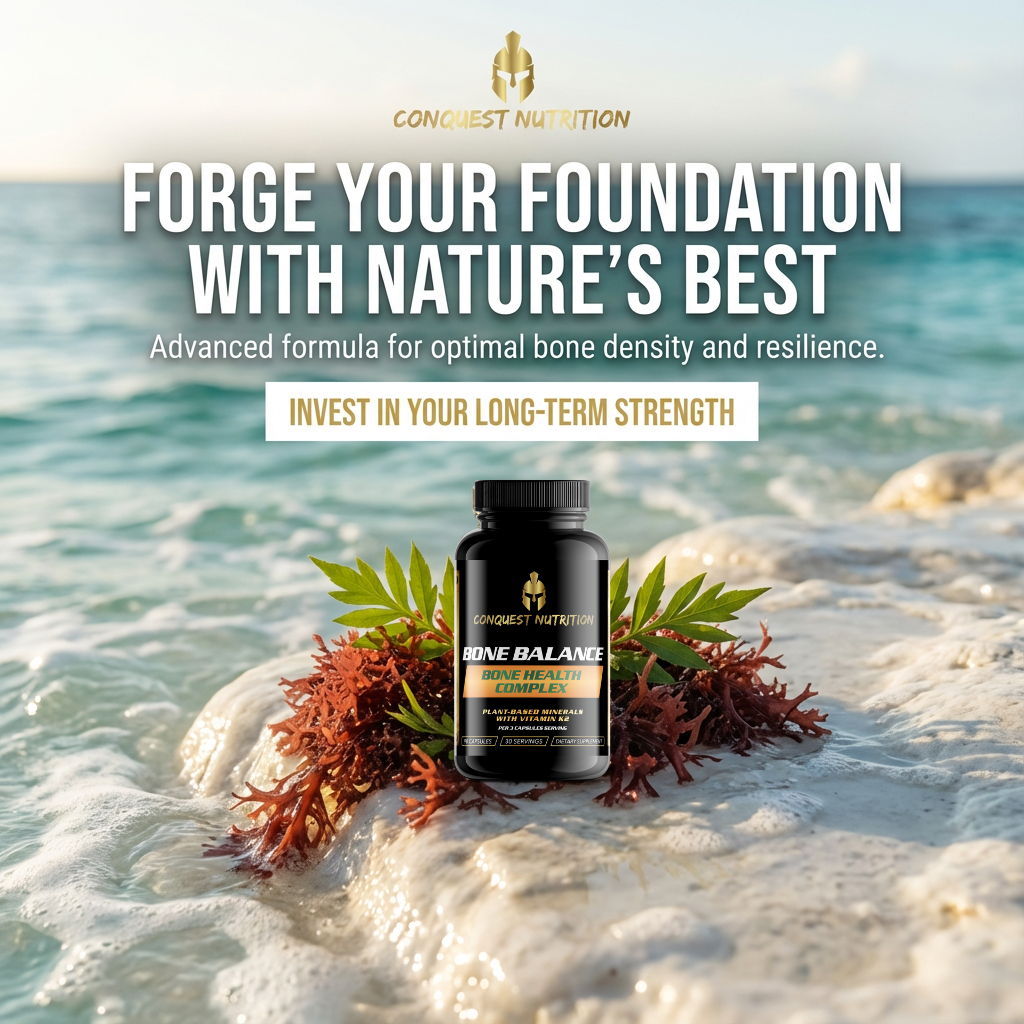 Conquest Nutrition supplement bottle on a rock with ocean background