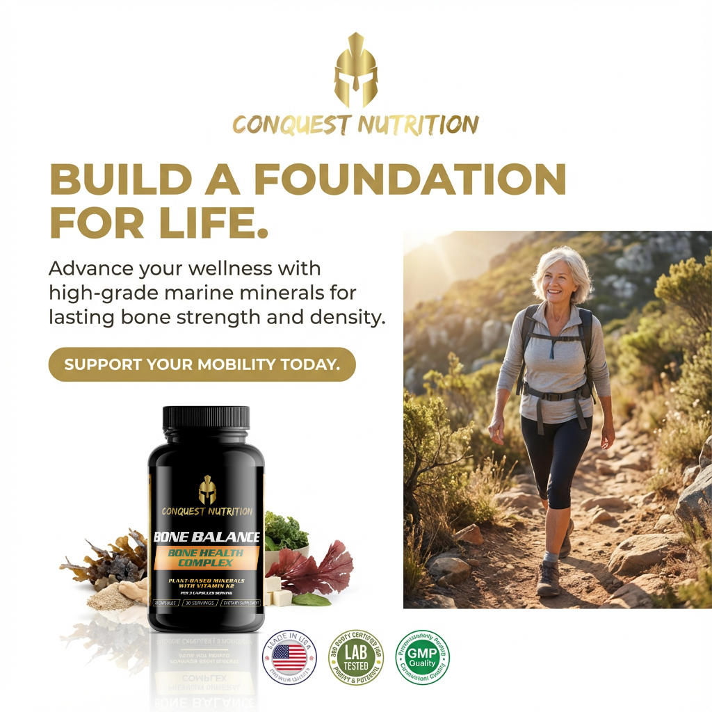 Advertisement for Conquest Nutrition supplement with a woman hiking on a trail.