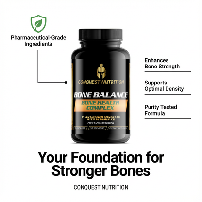 Conquest Nutrition Bone Balance supplement bottle with features listed on a white background