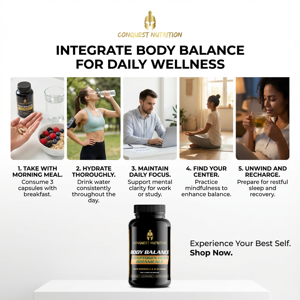 Advertisement for Conquest Nutrition Body Balance supplement with lifestyle images and product display.
