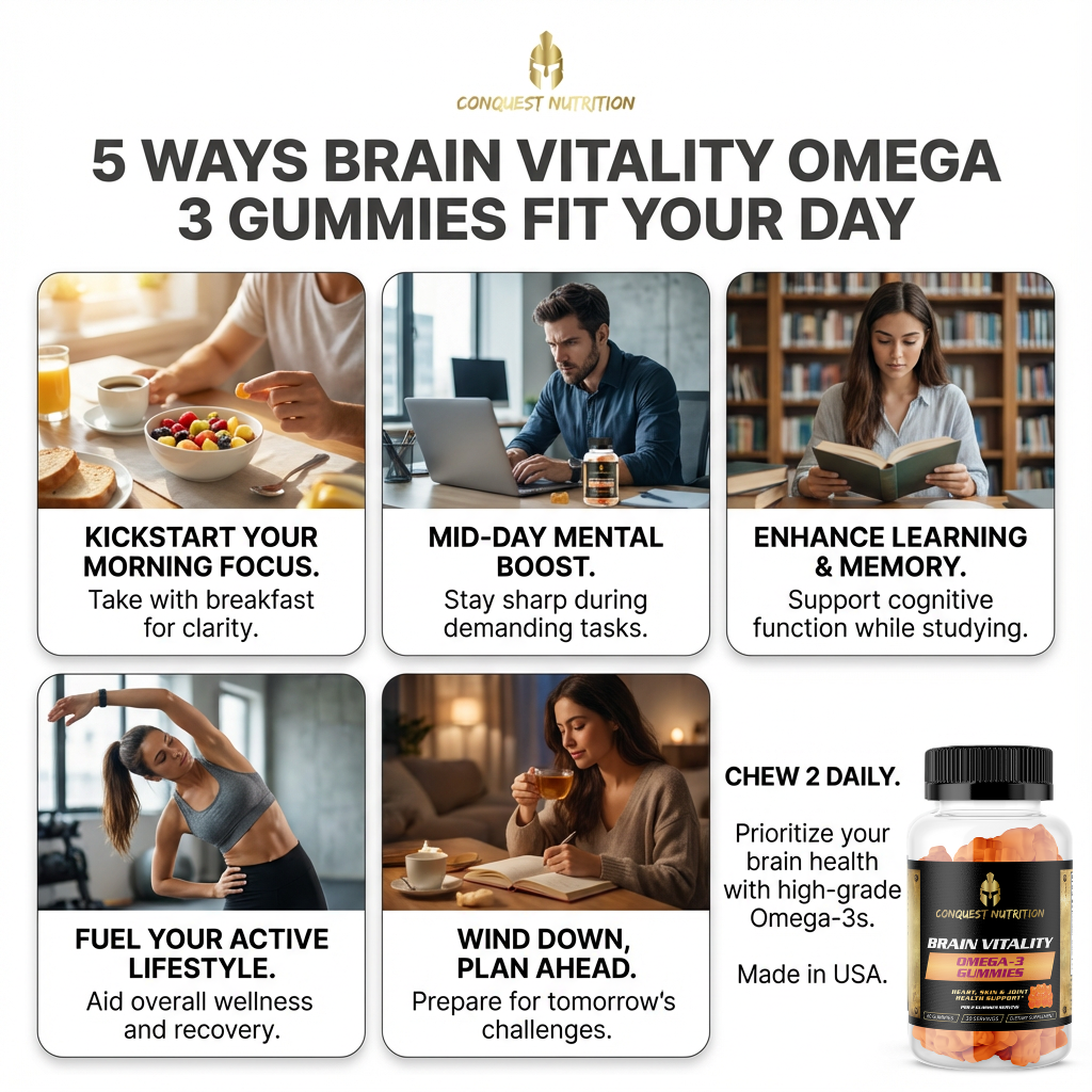 Advertisement for Brain Vitality Omega 3 Gummies showing how to fit them into daily life.