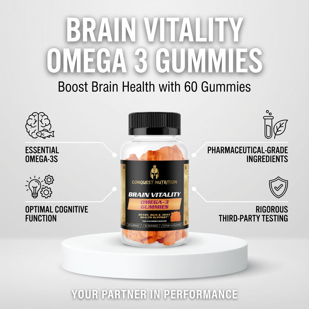 Brain vitality omega 3 gummies packaging with text on a white background