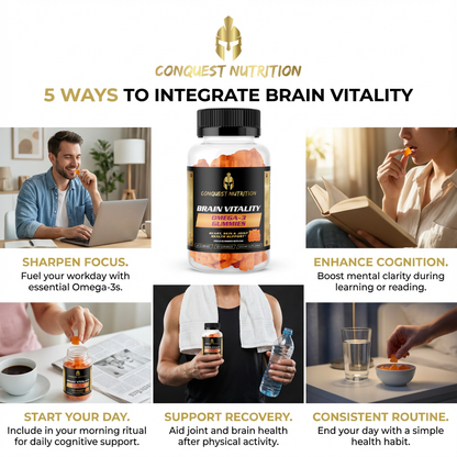 Advertisement for Conquest Nutrition brain vitality supplements with images and text on benefits.