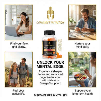 Advertisement for Conquest Nutrition Brain Vitality supplement with lifestyle images and text.