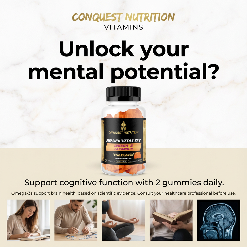 Conquest Nutrition vitamins advertisement with a bottle of gummies on a light background