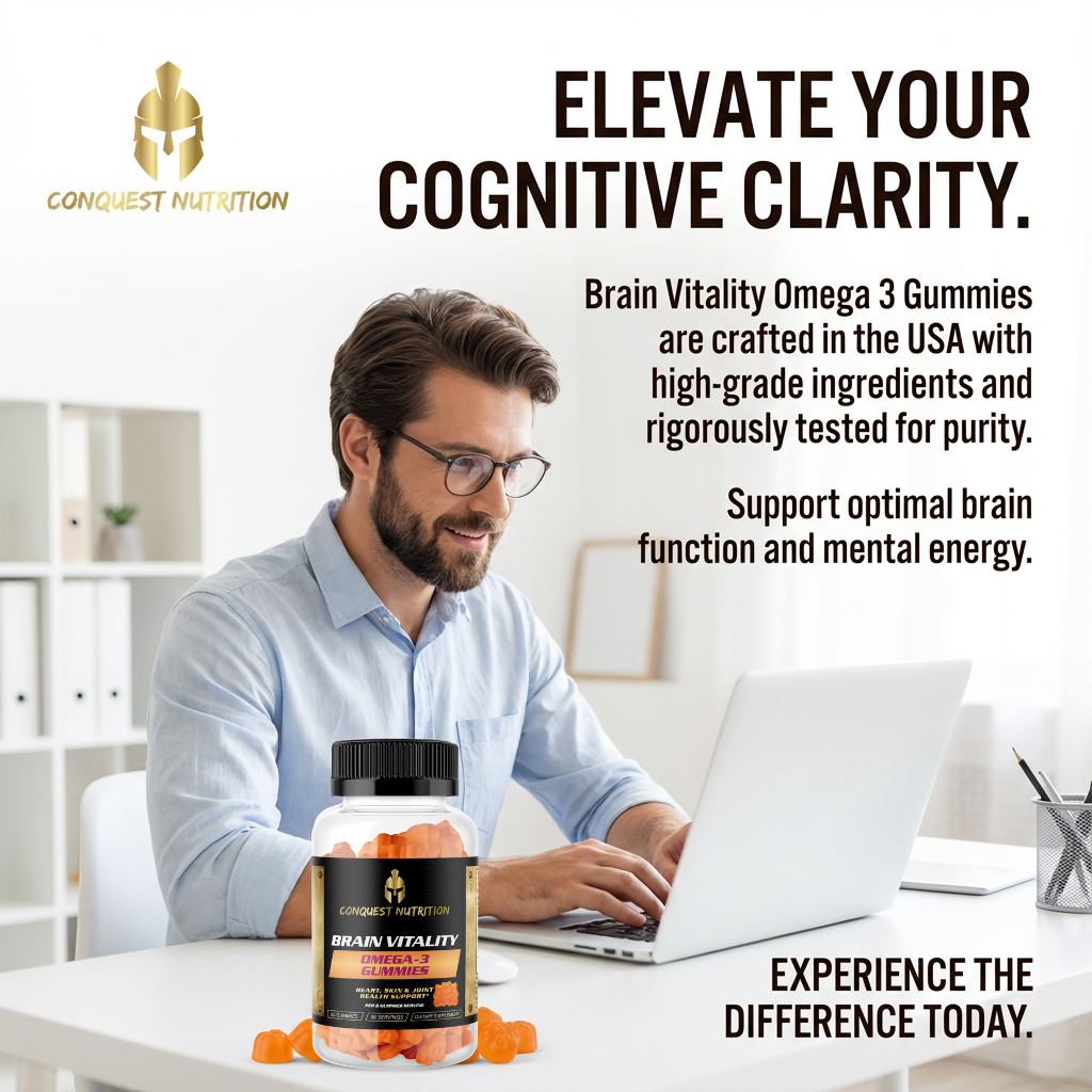 Man using a laptop with Brain Vitality Omega 3 Gummies on a desk, featuring Conquest Nutrition branding.