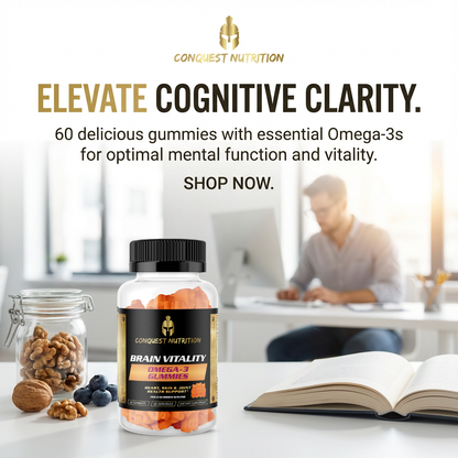 Conquest Nutrition Brain Vitality Gummies advertisement with a blurred office background