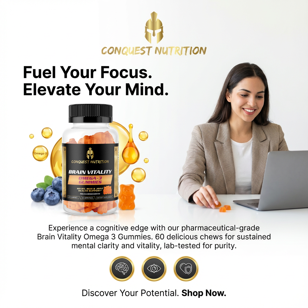 Advertisement for Conquest Nutrition brain health supplements with a woman using a laptop.
