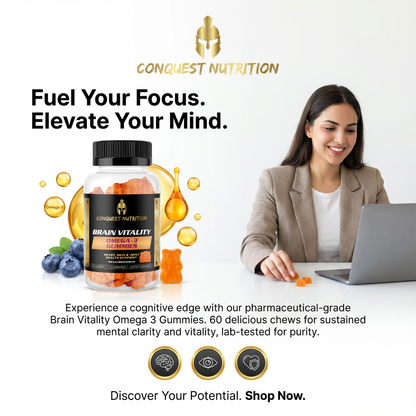 Advertisement for Conquest Nutrition brain health supplements with a woman using a laptop.