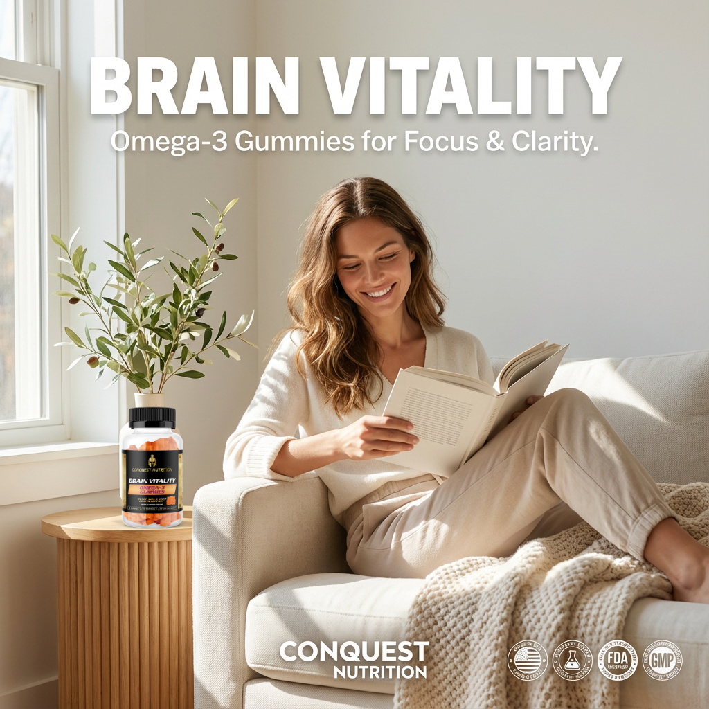 Woman reading a book on a couch with a bottle of Omega-3 gummies next to her, labeled 'Conquest Nutrition'.