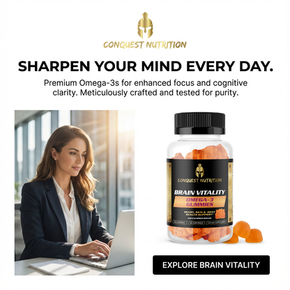 Advertisement for Conquest Nutrition Brain Vitality Omega-3 gummies with a woman using a laptop.