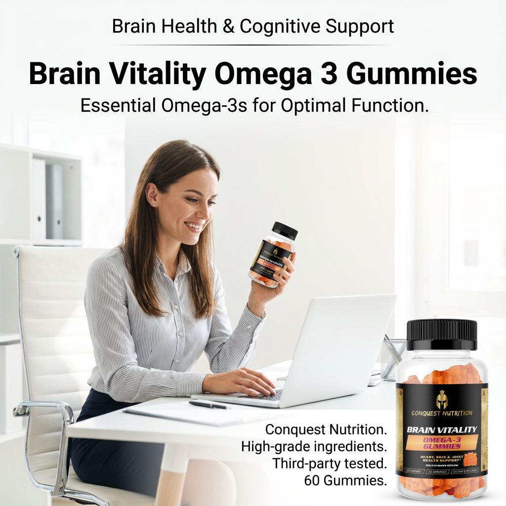 Woman holding Brain Vitality Omega 3 Gummies with a blurred office background
