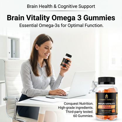 Woman holding Brain Vitality Omega 3 Gummies with a blurred office background