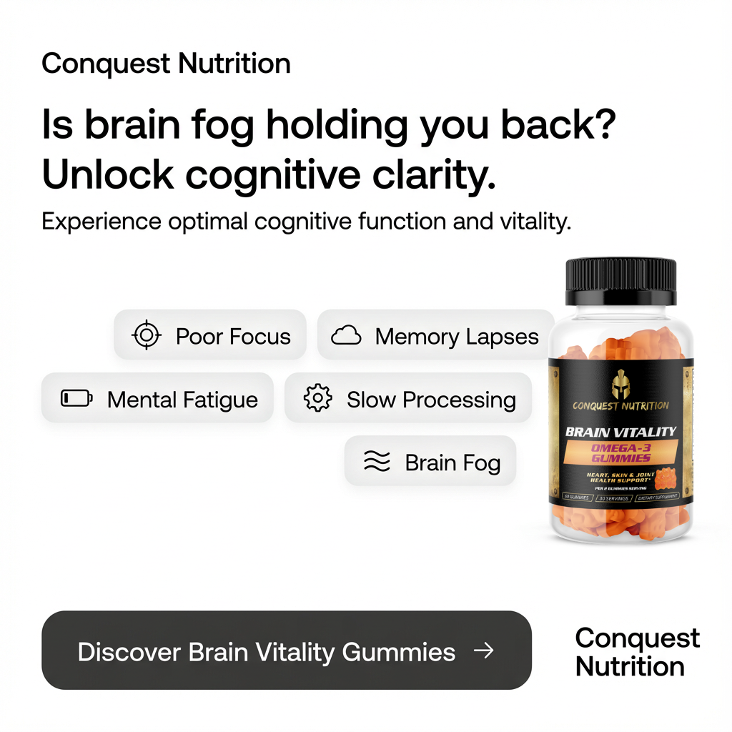 Advertisement for Conquest Nutrition Brain Vitality Gummies with a bottle of gummies on a white background.