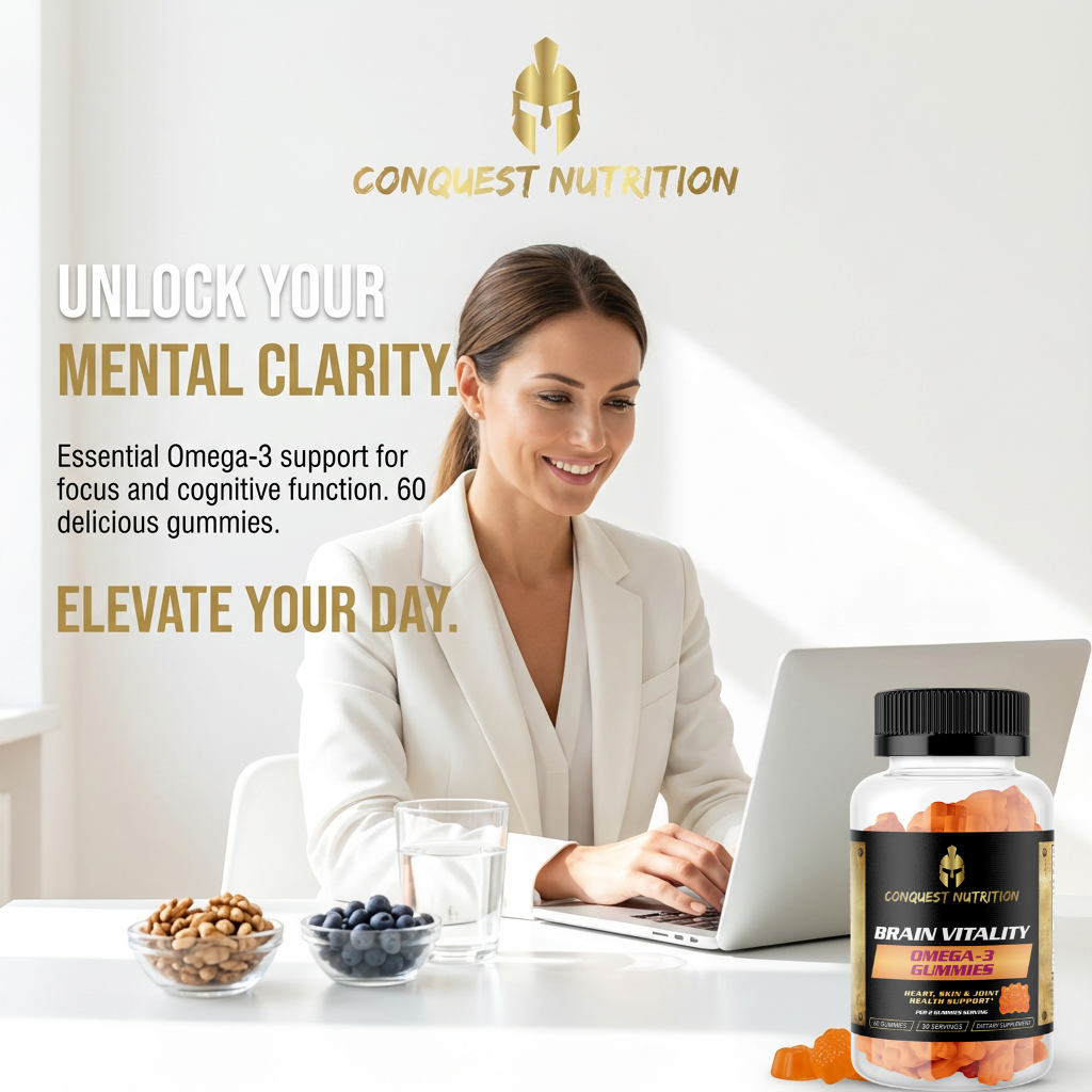 Woman using a laptop with Conquest Nutrition Brain Vitality gummies on a table.