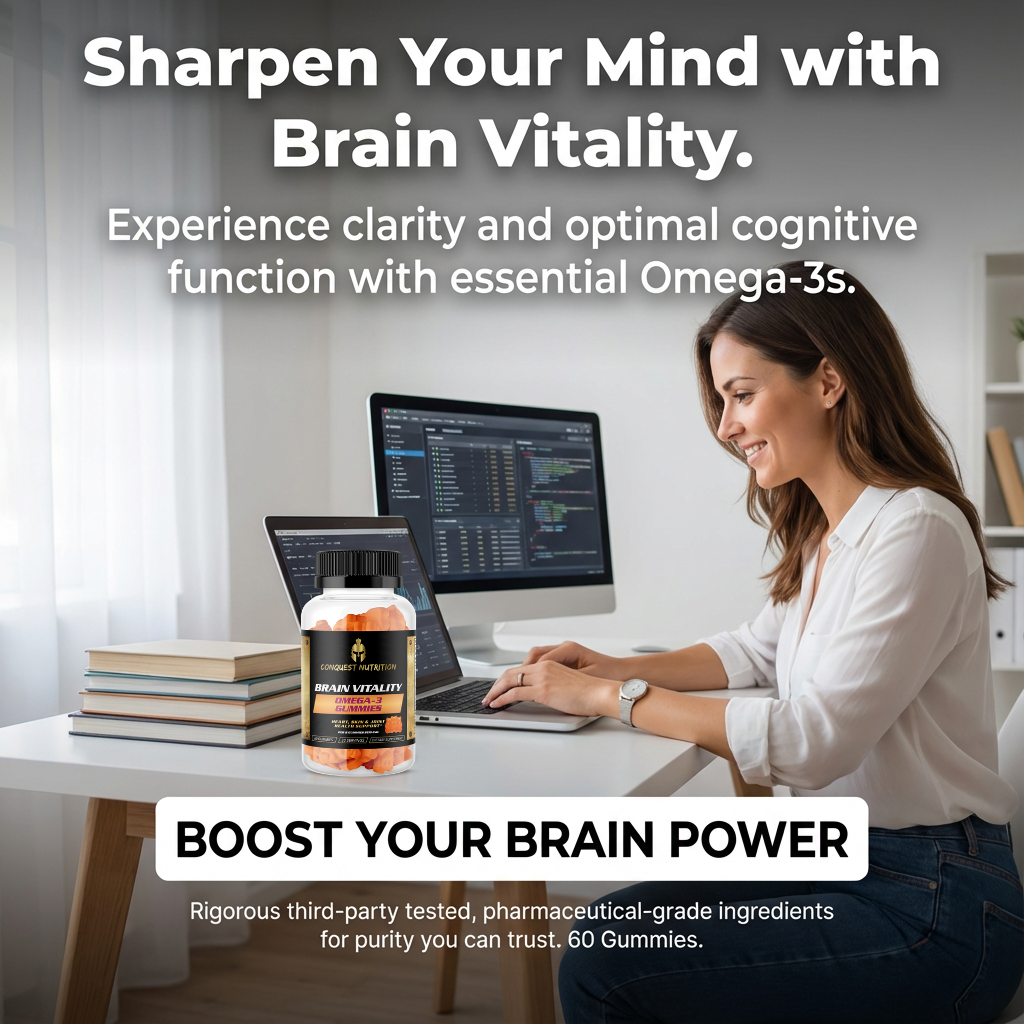 Woman at a desk with computer and brain vitality supplement bottle, text about brain health and Omega-3s.