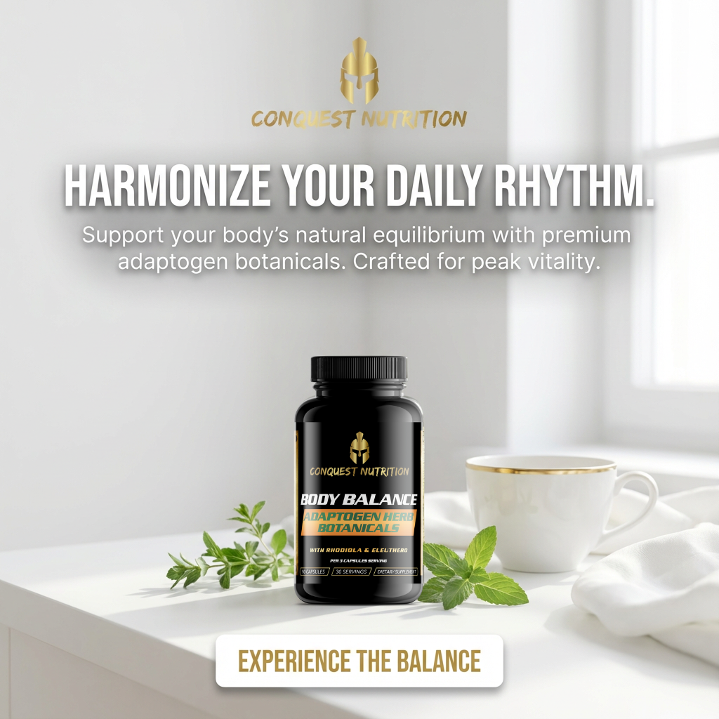 Conquest Nutrition supplement bottle on a white surface with tea and herbs, promoting peak vitality.