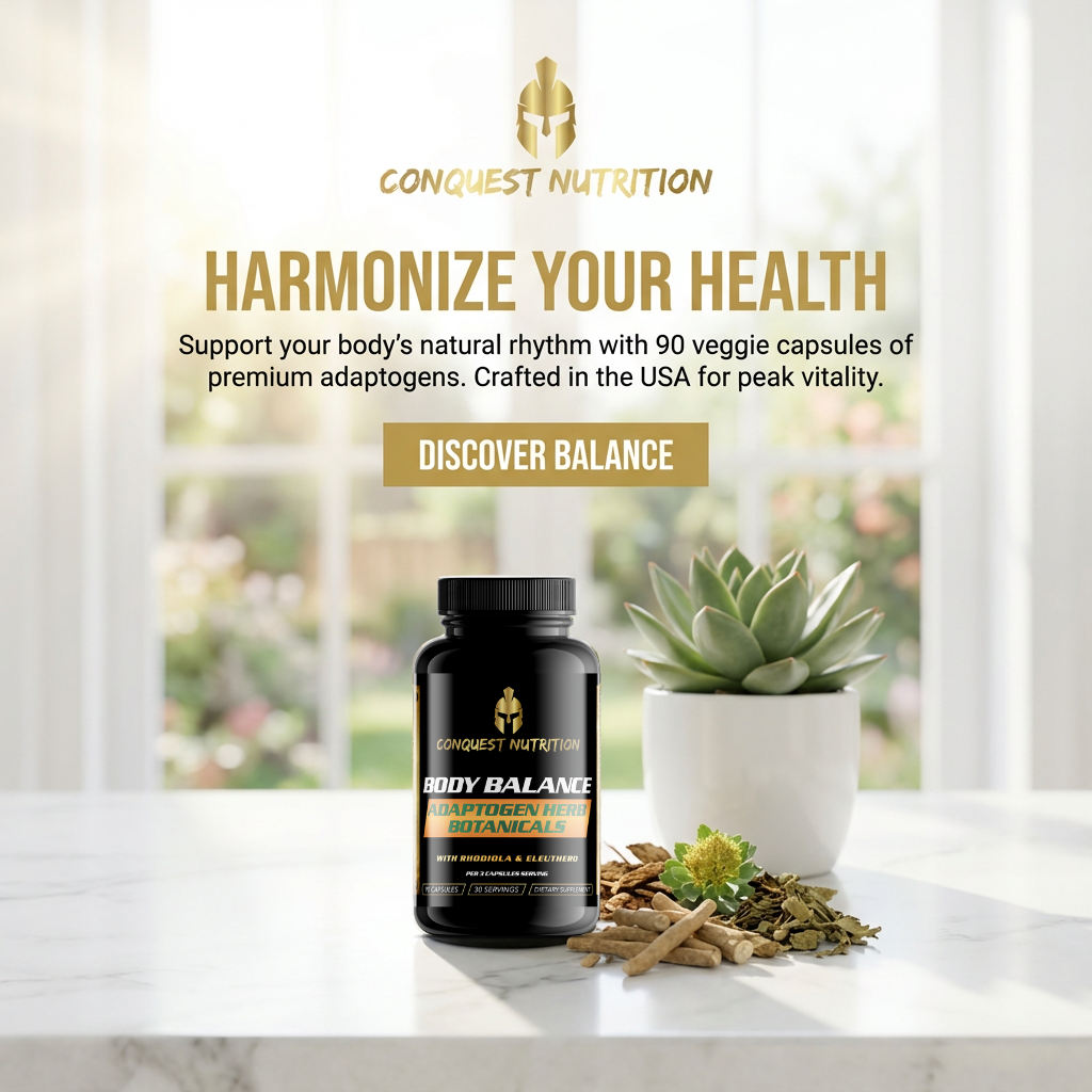 Conquest Nutrition supplement bottle with text and a plant on a table