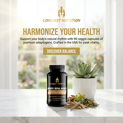 Conquest Nutrition supplement bottle with text and a plant on a table