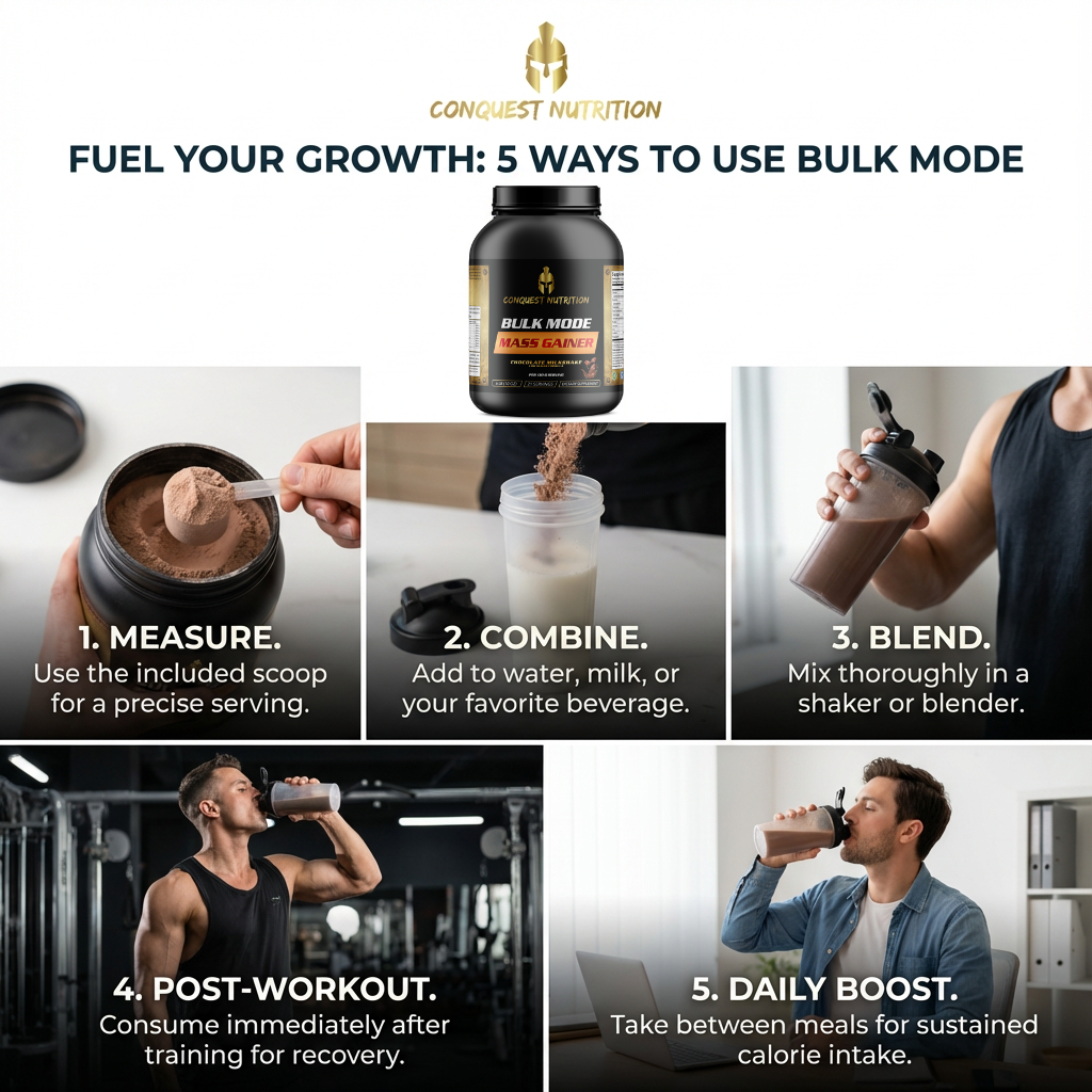 Conquest Nutrition Bulk Mode supplement packaging with usage instructions and a man drinking from a shaker bottle.