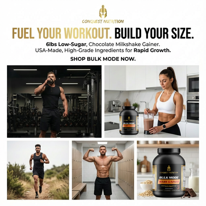 Advertisement for Conquest Nutrition milkshake gainer with images of people using the product and text promoting its benefits.