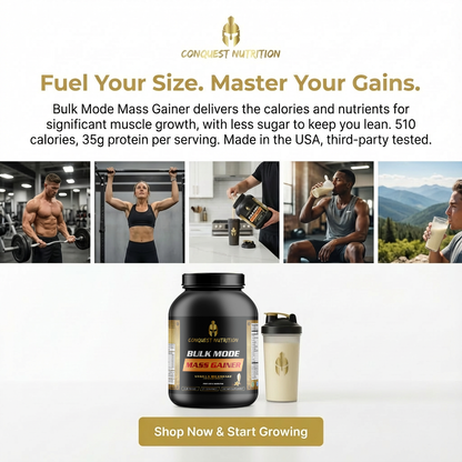 Advertisement for Conquest Nutrition Bulk Mode Mass Gainer with images of people exercising and drinking protein shakes.