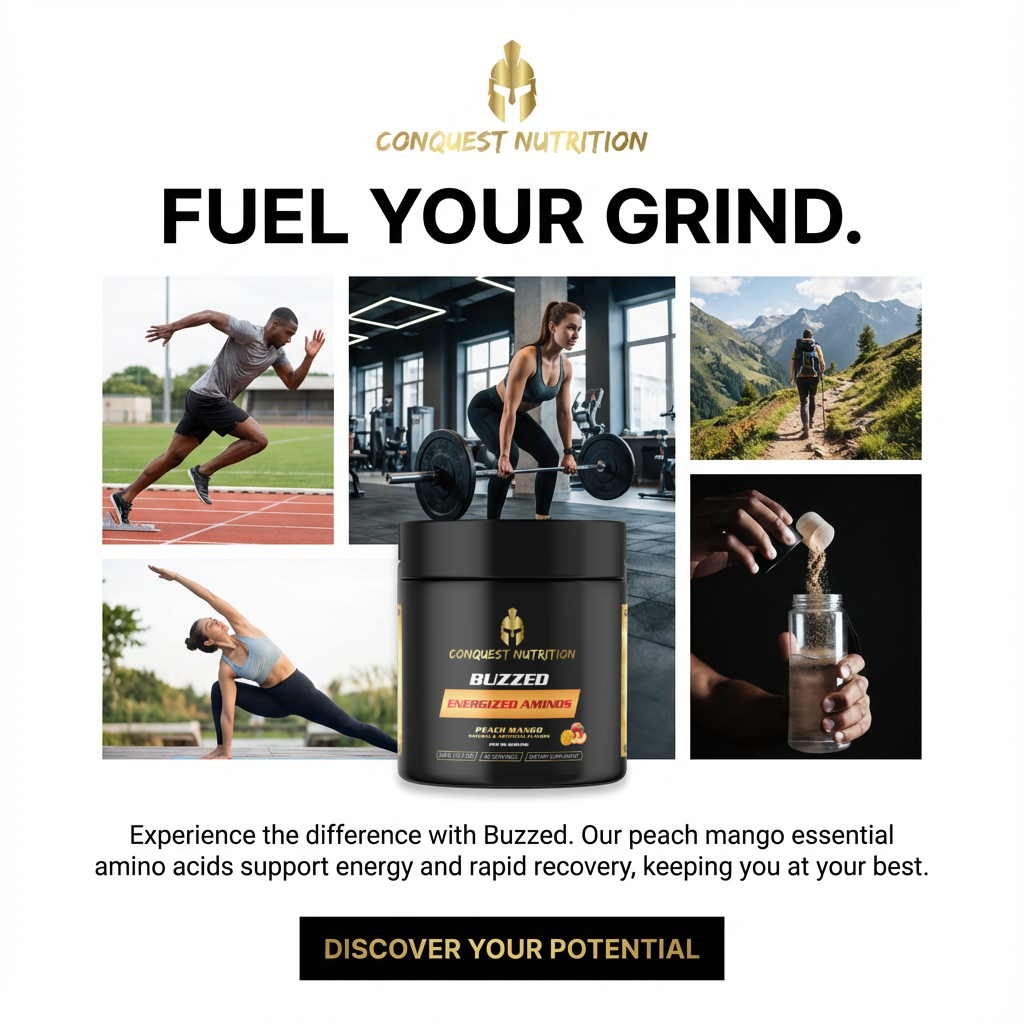 Advertisement for Conquest Nutrition Buzzed essential amino acids with lifestyle images and text.