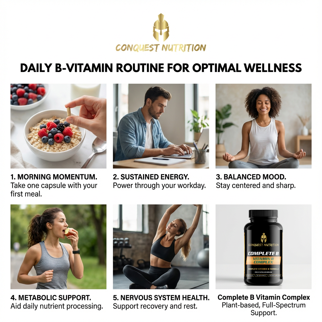 Conquest Nutrition advertisement for a daily B-vitamin routine with lifestyle images and product display.