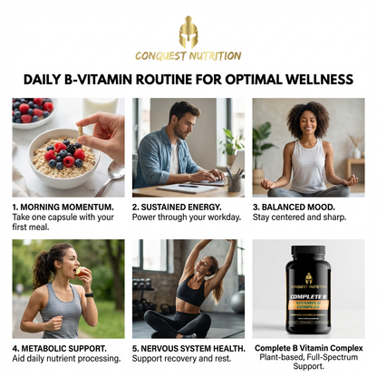 Conquest Nutrition advertisement for a daily B-vitamin routine with lifestyle images and product display.