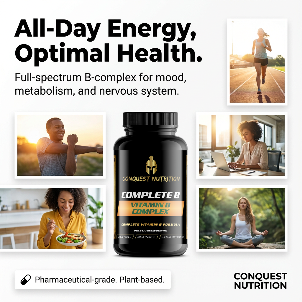 Conquest Nutrition Complete B Vitamin B Complex bottle with lifestyle images and text about energy and health.