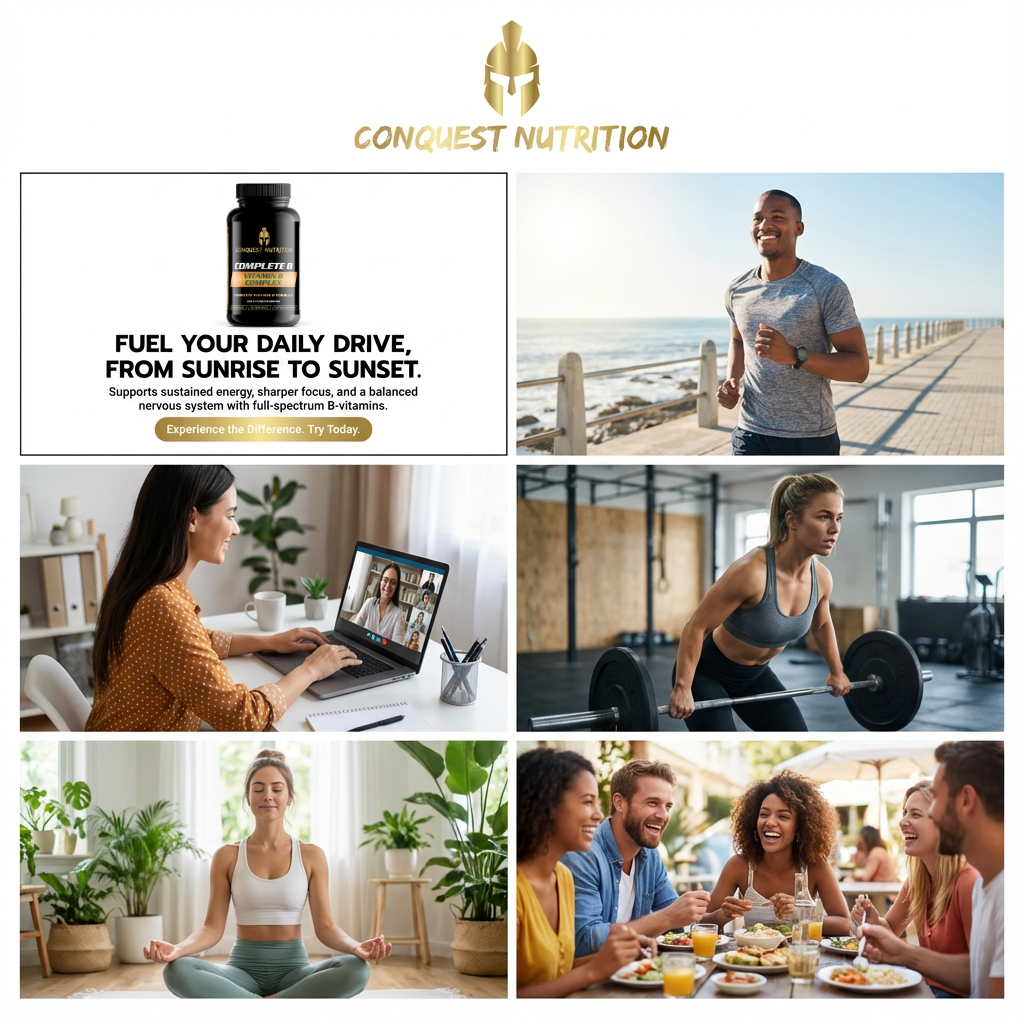 Collage of images promoting Conquest Nutrition with product display, people exercising, and socializing.