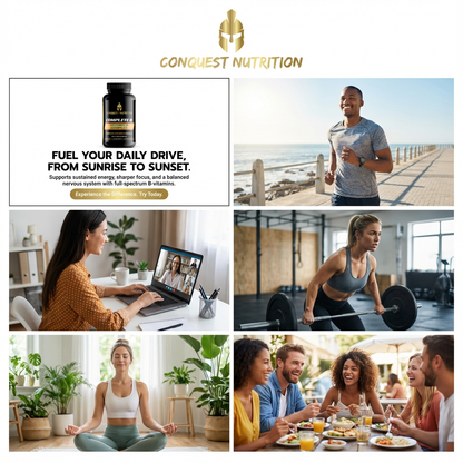 Collage of images promoting Conquest Nutrition with product display, people exercising, and socializing.