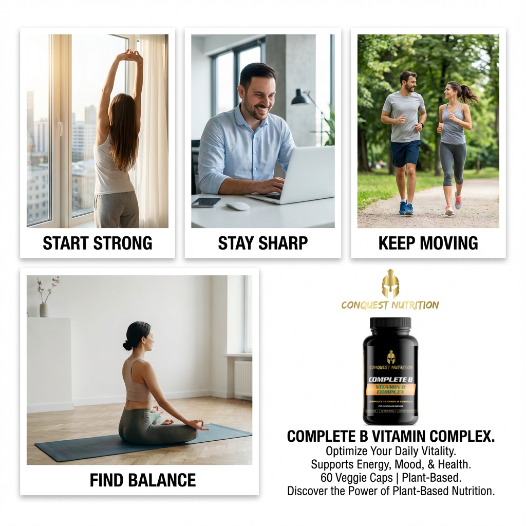 Collage of people exercising and working, with Conquest Nutrition Complete B Vitamin Complex supplement bottle.
