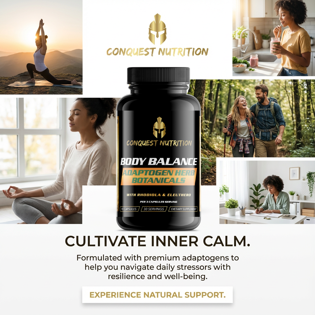 Conquest Nutrition Body Balance supplement bottle with lifestyle images and promotional text.