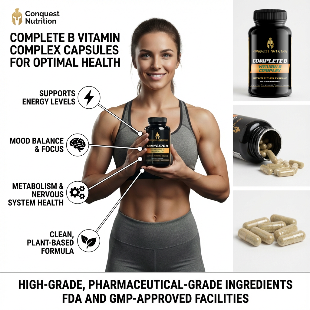 Woman holding a bottle of Conquest Nutrition Complete B Vitamin Complex capsules with product packaging and capsules displayed.