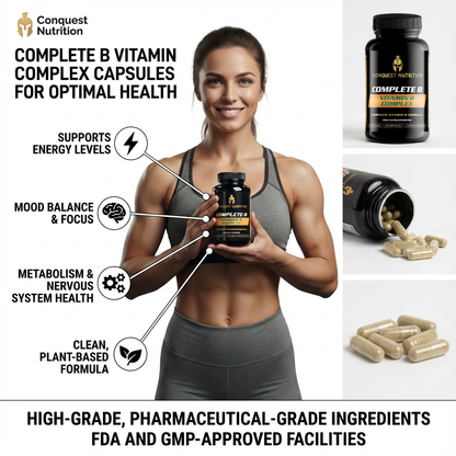 Woman holding a bottle of Conquest Nutrition Complete B Vitamin Complex capsules with product packaging and capsules displayed.