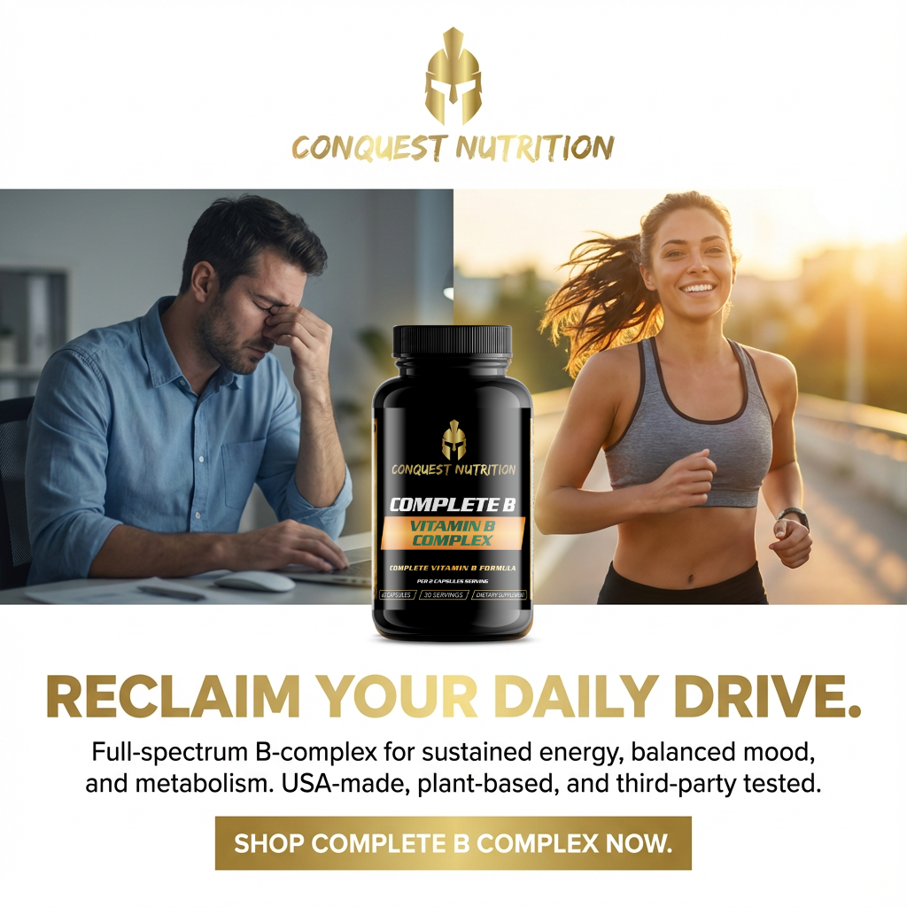 Advertisement for Conquest Nutrition Complete B Complex with a man and woman exercising.