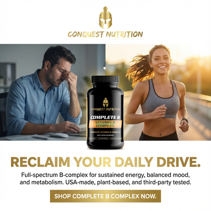 Advertisement for Conquest Nutrition Complete B Complex with a man and woman exercising.