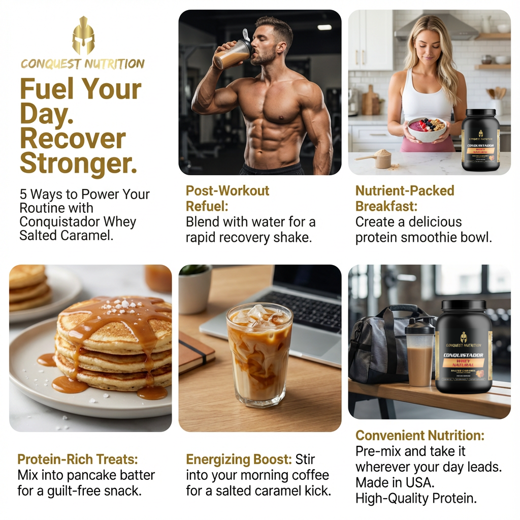Advertisement for Conquest Nutrition whey protein with lifestyle images and text.
