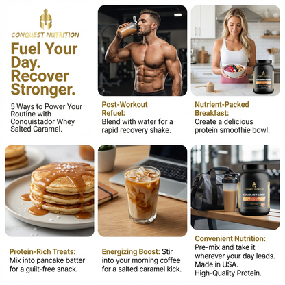 Advertisement for Conquest Nutrition whey protein with lifestyle images and text.