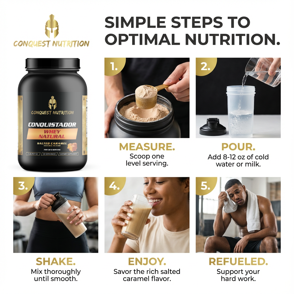 Conquest Nutrition protein powder packaging with usage instructions on a white background