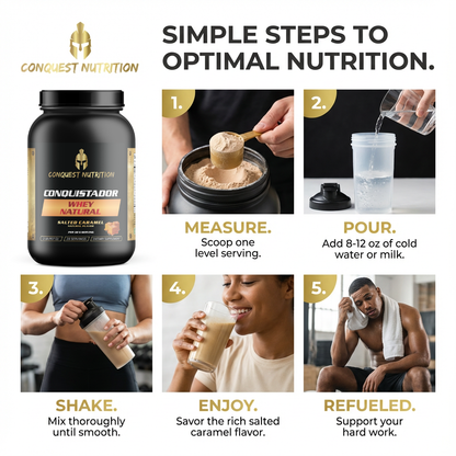 Conquest Nutrition protein powder packaging with usage instructions on a white background