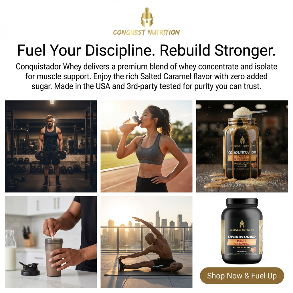 Advertisement for Conquest Nutrition whey protein with lifestyle images and product display.