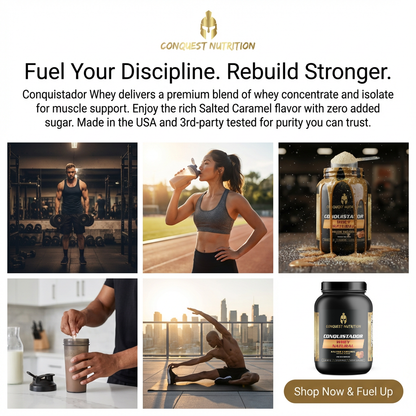 Advertisement for Conquest Nutrition whey protein with lifestyle images and product display.