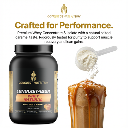 Conquest Nutrition whey protein powder container with a scoop of powder and a caramel-themed drink.