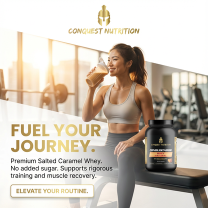 Woman in gym drinking a protein shake with Conquest Nutrition supplement container.