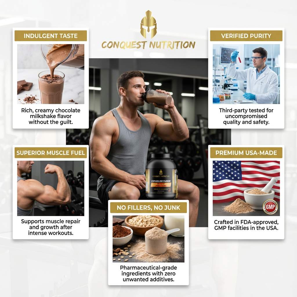 Conquest Nutrition product advertisement with a man drinking a shake and various text claims.
