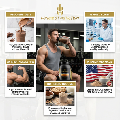 Conquest Nutrition product advertisement with a man drinking a shake and various text claims.